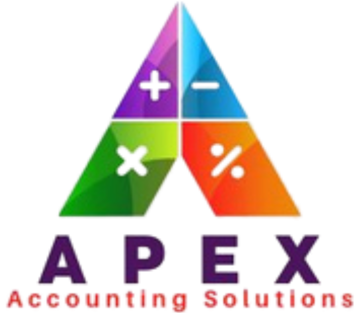 Colorful geometric "A" logo with math symbols in each segment above the words "APEX Accounting Solutions" in purple and red text.